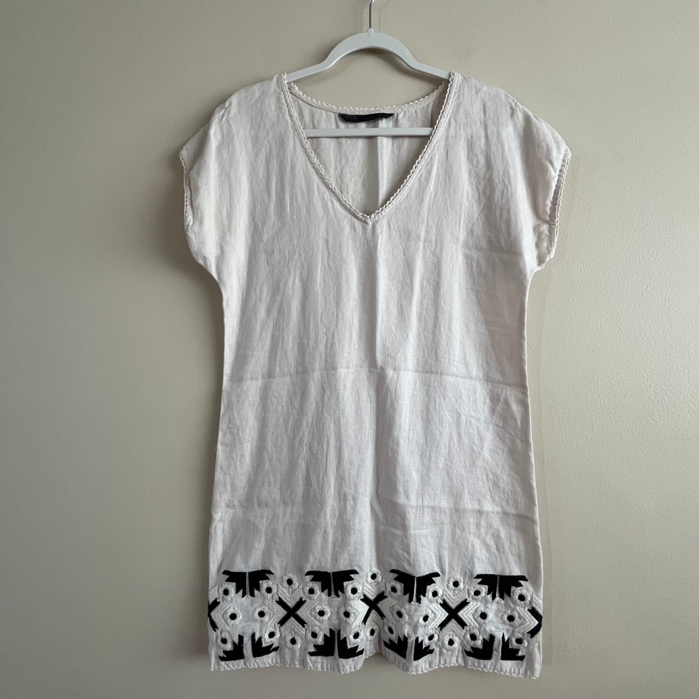 Zara White Linen Blend Embroidered Mini Dress Tunic Beach Coverup Size S